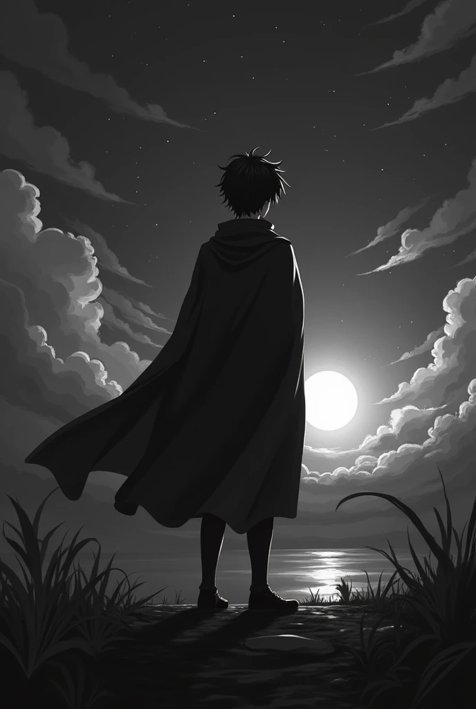 create a 2d anime style black and white image of a male character seen from the back on a silent night. the character is standing on the edge of a new horizon, where the path ahead splits into two distinct directions. He wears a flowing cape and has styled hair that moves in the wind.. the scene should capture a moment of reflection and decision, with the threatening shadow in the background representing doubts and challenges. the image should convey the feeling of being on the verge of a crucial choice, with the mystery and uncertainty of what comes next.