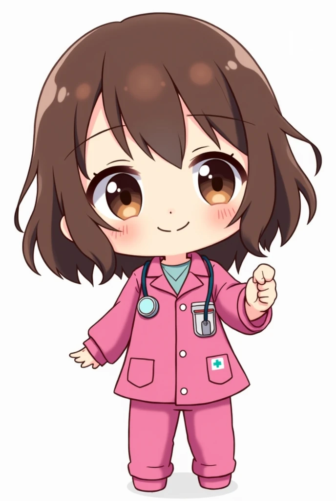  chibi doctor with shoulder length brown hair, big brown eyes with fuchsia uniform 