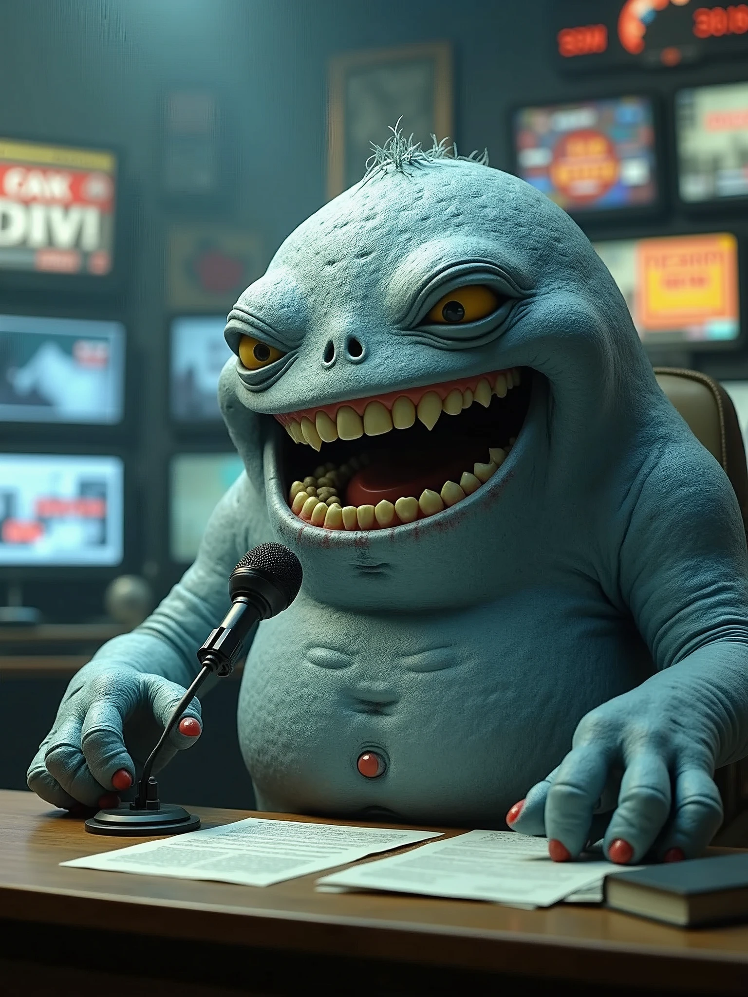 A cinematic and surreal scene where a giant grey, blueish blob serves as the news anchor. The monster, with a wide toothy grin, sits at the news desk, holding a microphone and speaking into it. The background reveals a chaotic newsroom with various monitors displaying breaking news. The overall atmosphere is a mix of retro and modern, with a touch of horror and comedy. The monster's eyes have a human-like expression, and his body seems to be made of newspaper-like scales., cinematic