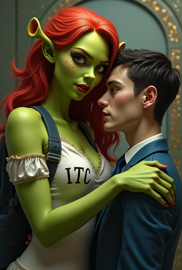 Shrek woman sitting with high school student clothes that says I T C and has to have slanted and seductive eyes. And she must also have red hair she has to be green