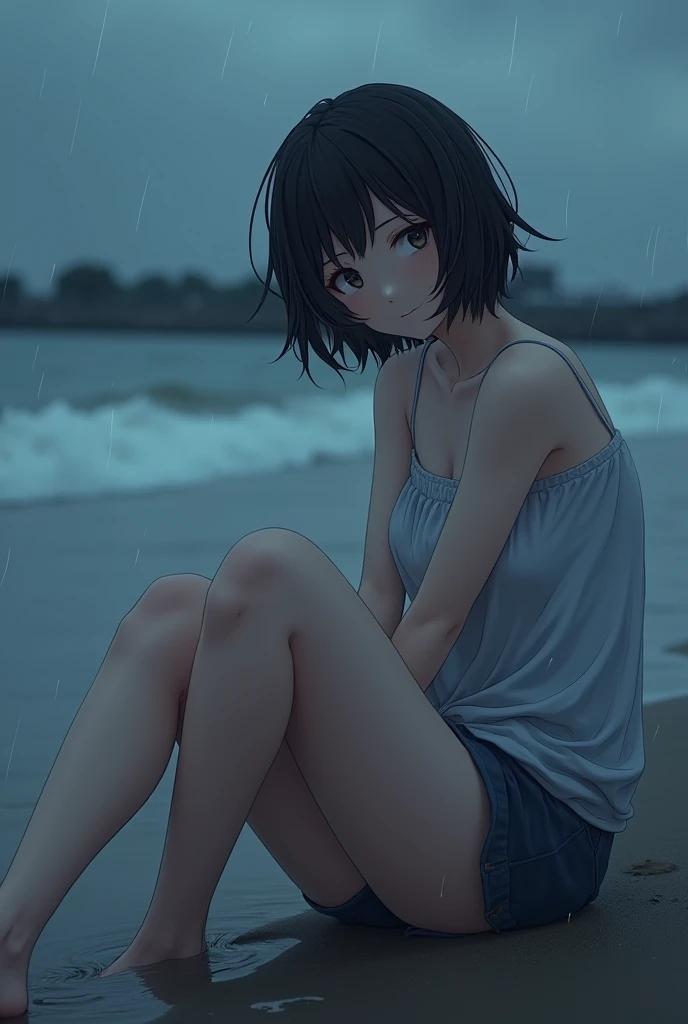 (((One girl,alone))),(Highly realistic photos, High resolution, Detailed face, Beautiful Eyes) 30 years old, Big eyes, Nice body, Medium chest, ,Hairstyle, Healthy Body,Thighs、Mine Fujiko、Depth of written boundary,Narrow eyes,Light Smile、Wind、It's raining a little、Body like a model、Waterfront、Dark Shadow、Dark Sky、Sit down and spread your legs,(ビキニスタイルのBeachバレーユニフォーム:1.5),Beach