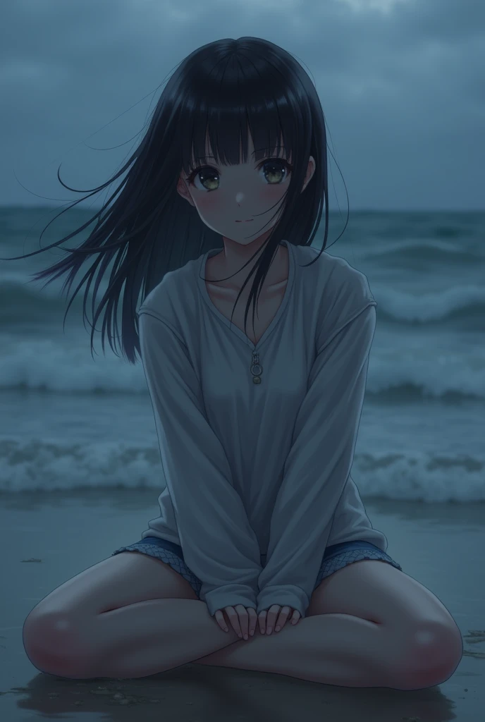 (((One girl,alone))),(Highly realistic photos, High resolution, Detailed face, Beautiful Eyes) 30 years old, Big eyes, Nice body, Medium chest, ,Hairstyle, Healthy Body,Thighs、Mine Fujiko、Depth of written boundary,Narrow eyes,Light Smile、Wind、It's raining a little、Body like a model、Waterfront、Dark Shadow、Dark Sky、Sit down and spread your legs,(ビキニスタイルのBeachバレーユニフォーム:1.5),Beach