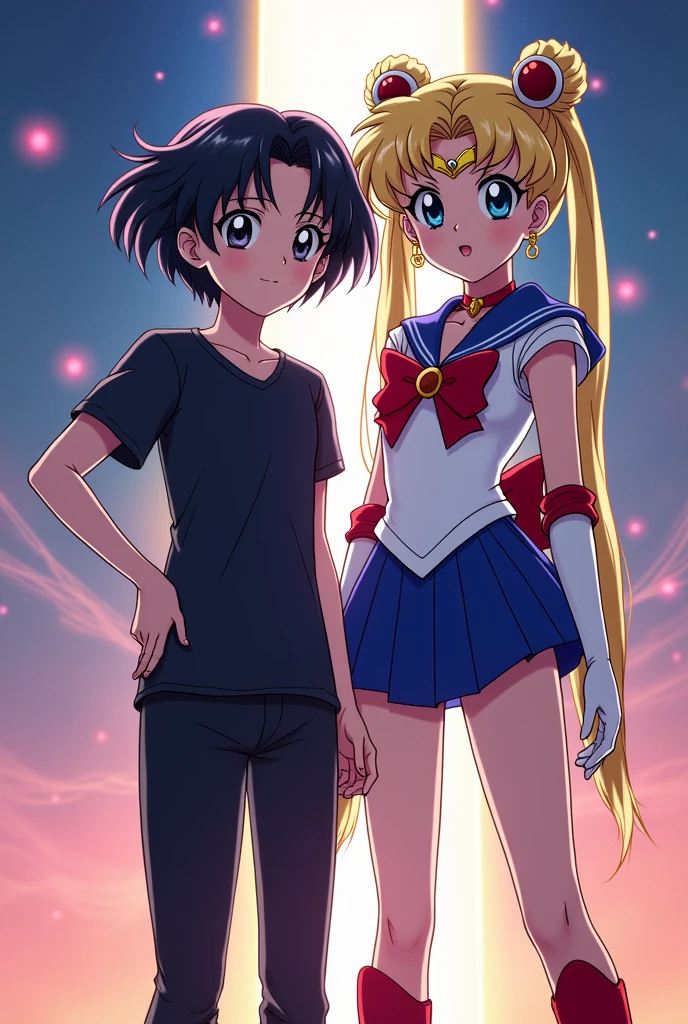 A girl with short black hair wearing a black shirt and black pants posing next to Sailor Moon anime style