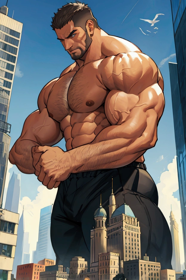 Huge muscular man hybrid Background of cityscape model, small mode