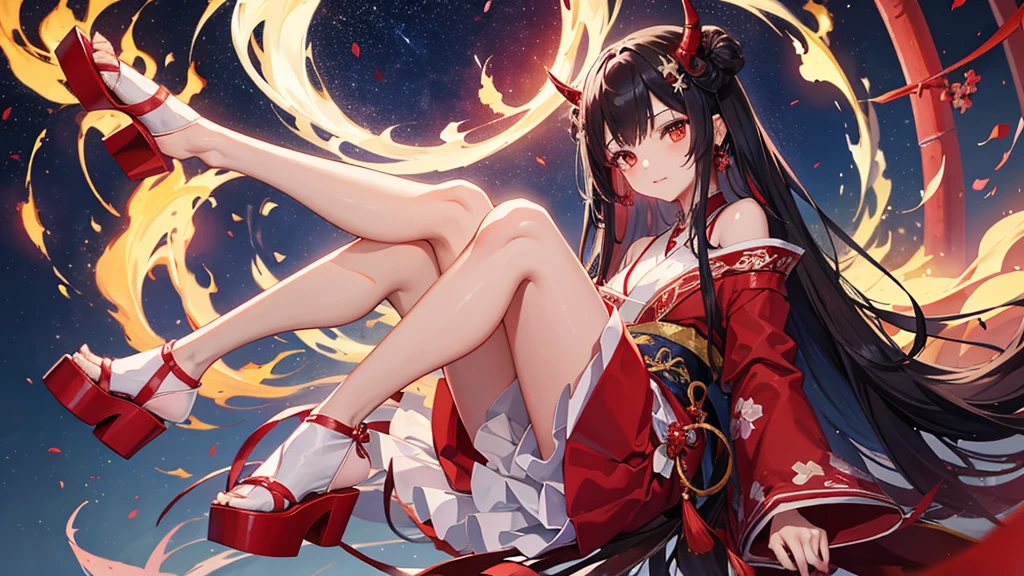 Starry red sky and blood moon, good quality, Girl they (Japanese Demon) with horns on his head and black hair, long hair, dressed in Japanese short yukata, dressed in white stockings and tabi on her feet (japanese high platform shoes)