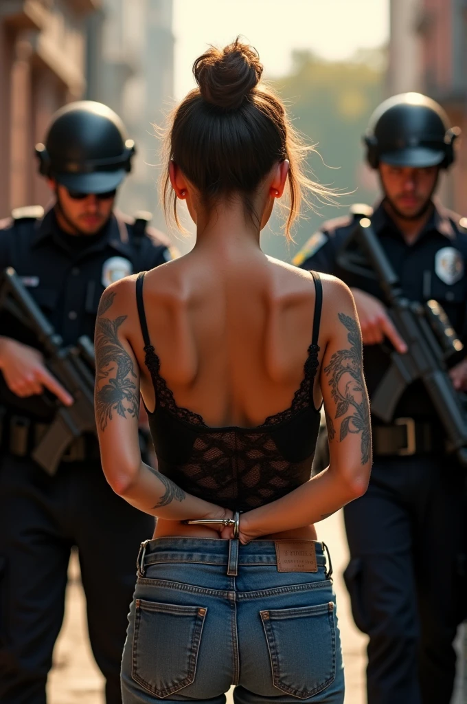 "A daytime arrest scene in warm weather, showing a young woman in a black lace tank top and jeans, with tattoos on her arms and back. The woman's skin is glistening with sweat due to the heat, giving her a slightly shiny appearance. She is being arrested by two police officers. The woman's hands are clearly behind her back, secured in handcuffs, and not visible from the front. The police officers are both in dark uniforms; one is holding an assault rifle, while the other officer is holding her arm, ensuring her hands remain behind her back. The scene is well-lit by daylight, with the focus on her back, her glistening skin, and the tense atmosphere. The woman is looking over her shoulder with a defiant expression."