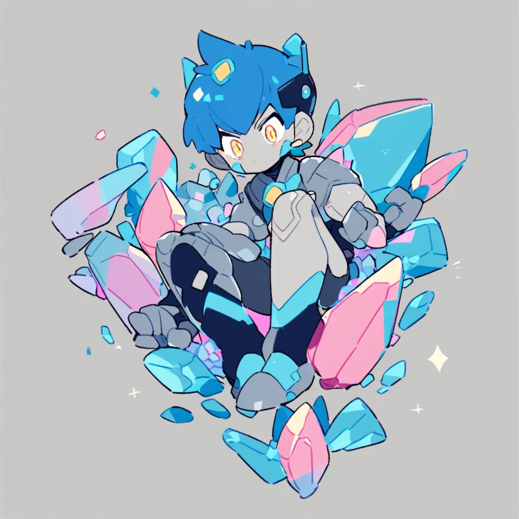 score_9, score_8_up, score_7_up, score_6_up, rating explicit, focus male, source anime, Humanoid, robot, robot boy, blue hair, yellow eyes, suspicious, gray skin, metal skin, crystals, full body, pastel colors, cute month
