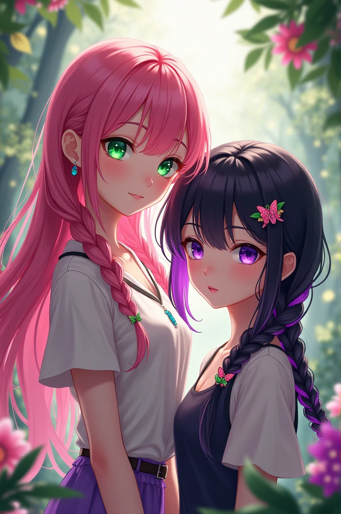 A girl with pink hair with green highlights, green eyes and tall with another girl with black hair with purple highlights and purple eyes,a little shorter than the other girl, one with three braids and another with a tail with a butterfly clip 