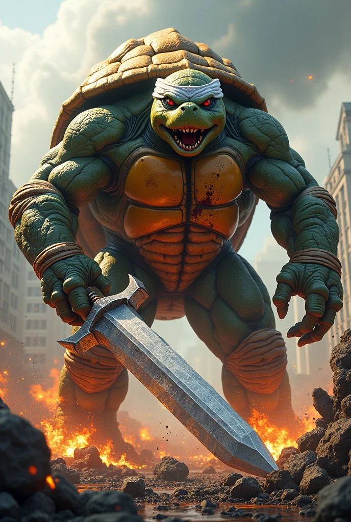 Une tortue mutante géante ultra musclé qui fait très peur et détruit une ville avec une énorme épée en diamant avec une carapace dorée un bandeau blanc sur sa tête et des jambes géante ultra puissantes et du sang sur son corps