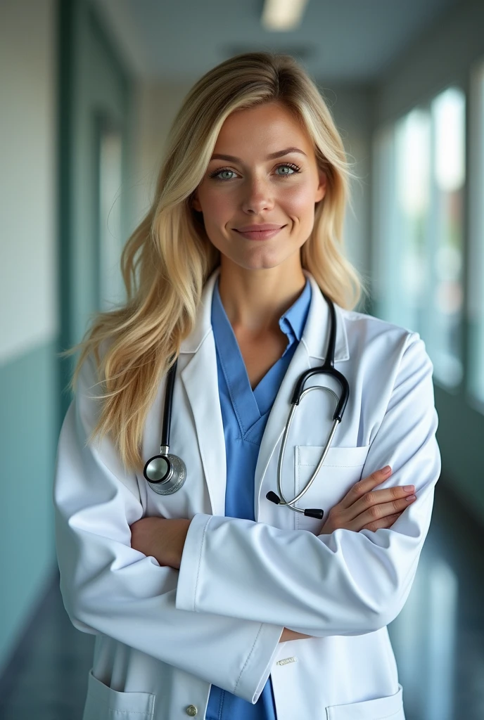 create the most beautiful doctor in the world, in work environment, 's uniform, she is from germany, with blond hair, 8k, realisitic