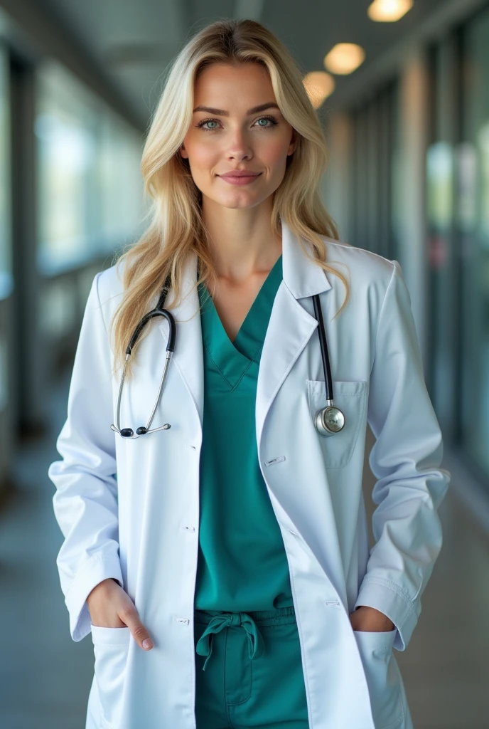 create the most beautiful doctor in the world, in work environment, 's uniform, she is from germany, with blond hair, 8k, realisitic