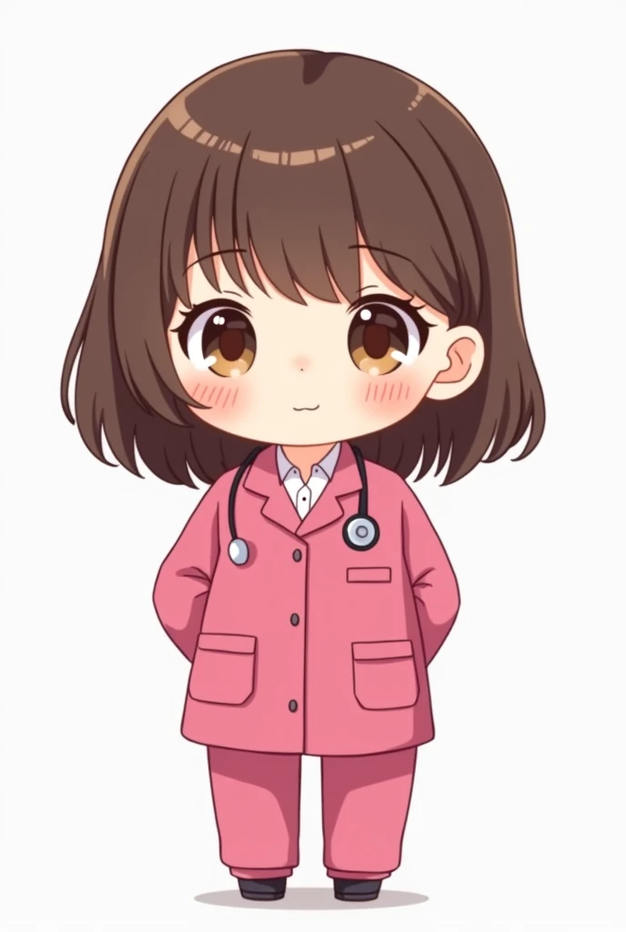 Little chibi doctor with shoulder length brown hair, big brown eyes with fuchsia uniform