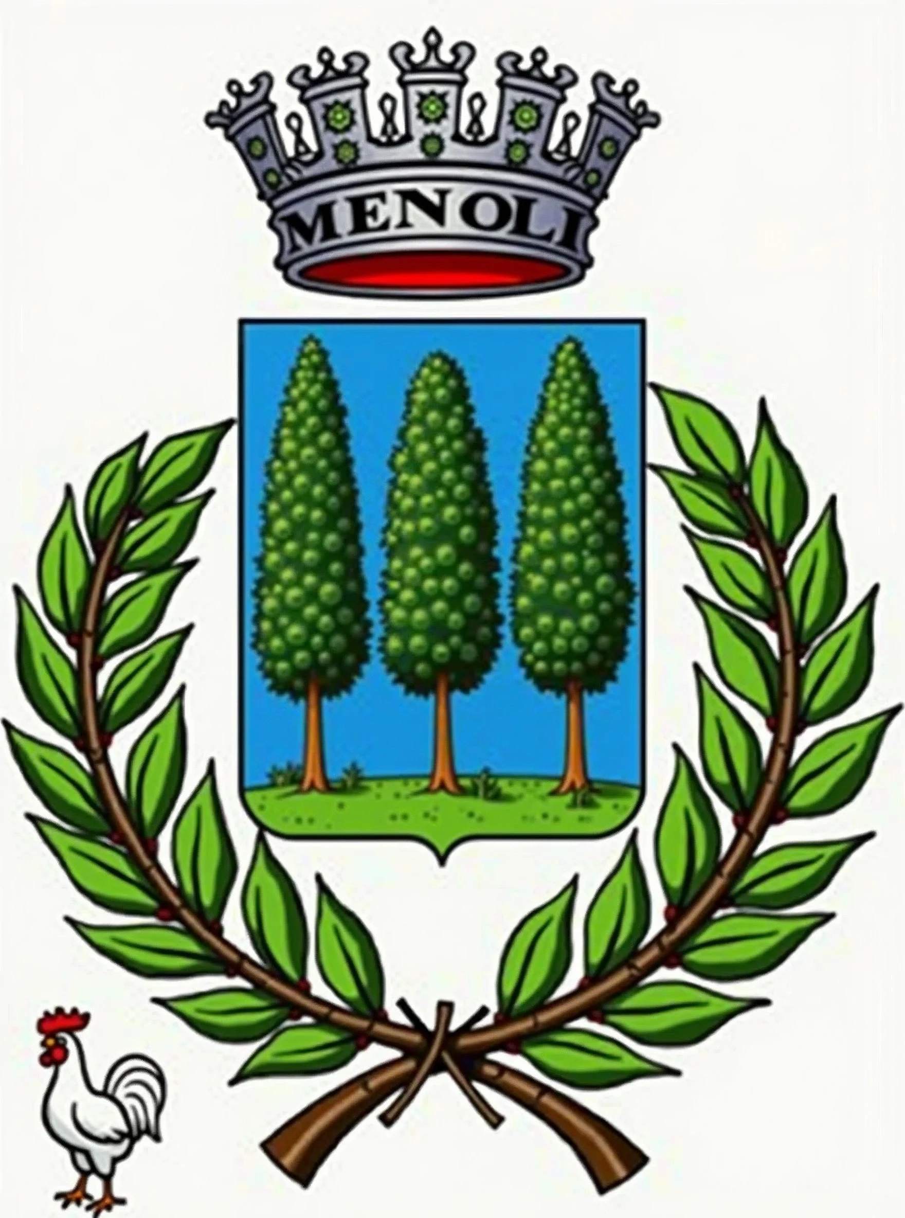 Enhance this coat of arms, adding a banner with the words MENOLI Family, a small image of an ox and an image of a white farm chicken with a red crest  