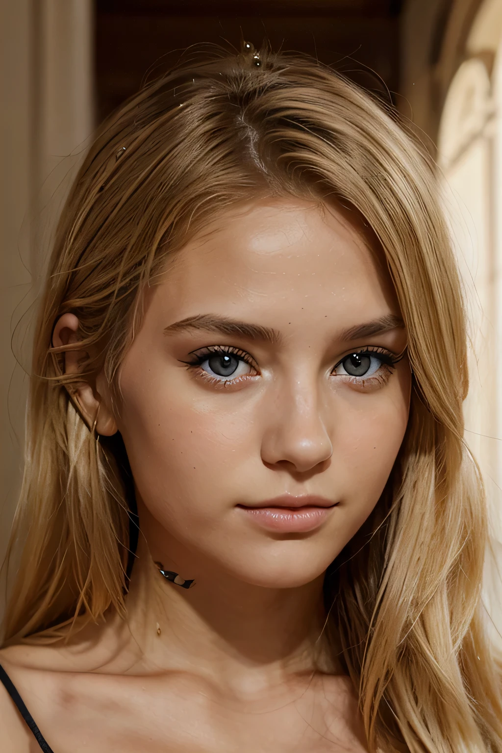 jeune femme blonde de type européene avec les yeux marrons et un grain de beauté sur la joue très réaliste