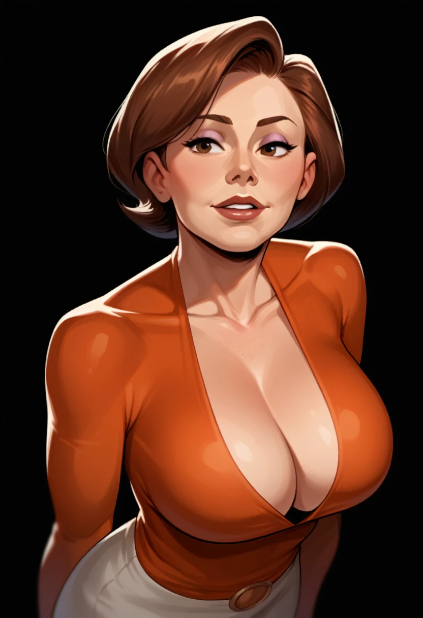 score_9, score_7_up 1girl, solo, helen parr, large breasts, mature female, cleavage, portrait, black background, depth of field