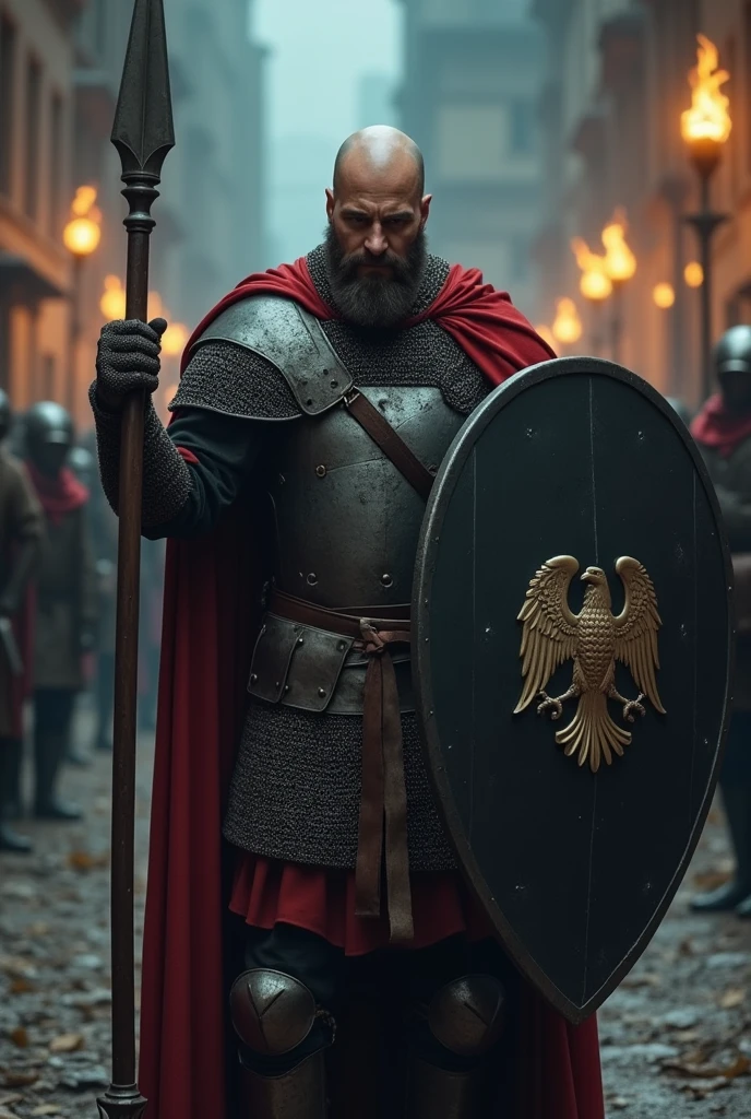 Create a bald man with a medium beard, wearing chain mail, 7 feet tall, with a large pointed flail in his right hand, a large square Roman-style shield in his left hand with an eagle in the center, the shield is black. He is standing patrolling a dark area of ​​a torchlit city in a gloomy climate fighting 3 bandits. The bald man, being 7 feet tall, is taller than the 3, who are all 6 feet tall. The bandits are armed with daggers and wearing chain mail. One is white and blond, another is black with dark hair, another is red and white. The bald man prepares to fight.