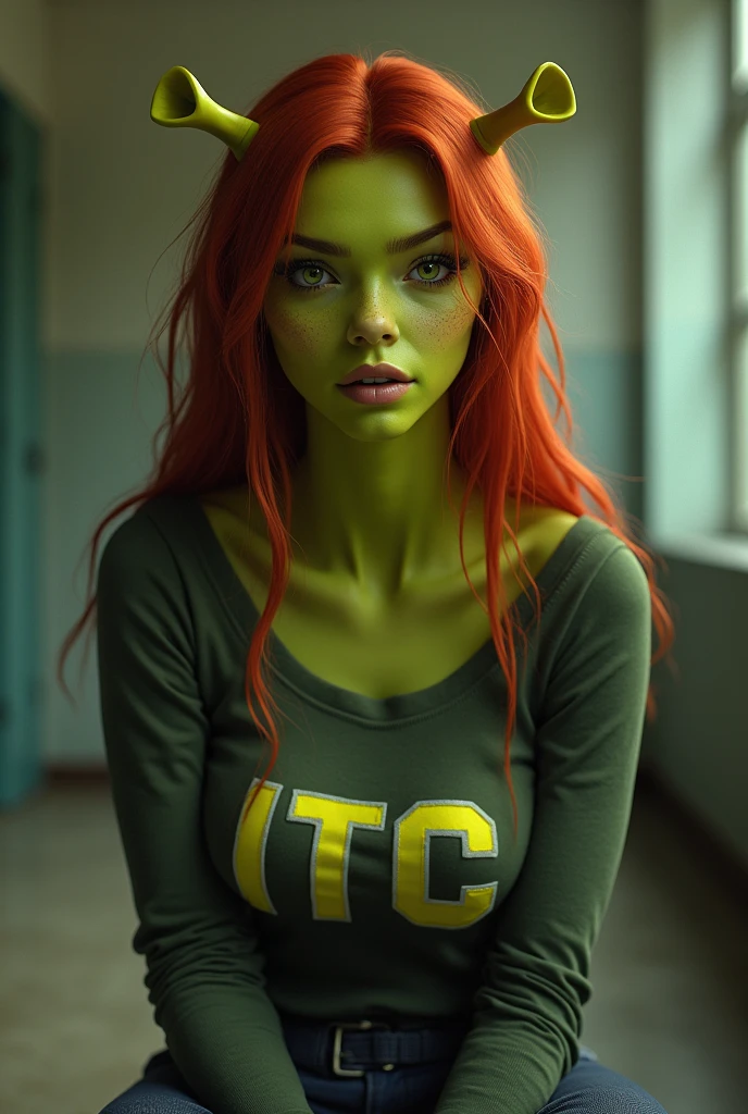 Shrek woman sitting with high school student clothes that says I T C and has to have slanted and seductive eyes. And she must also have red hair she has to be green. She is alone