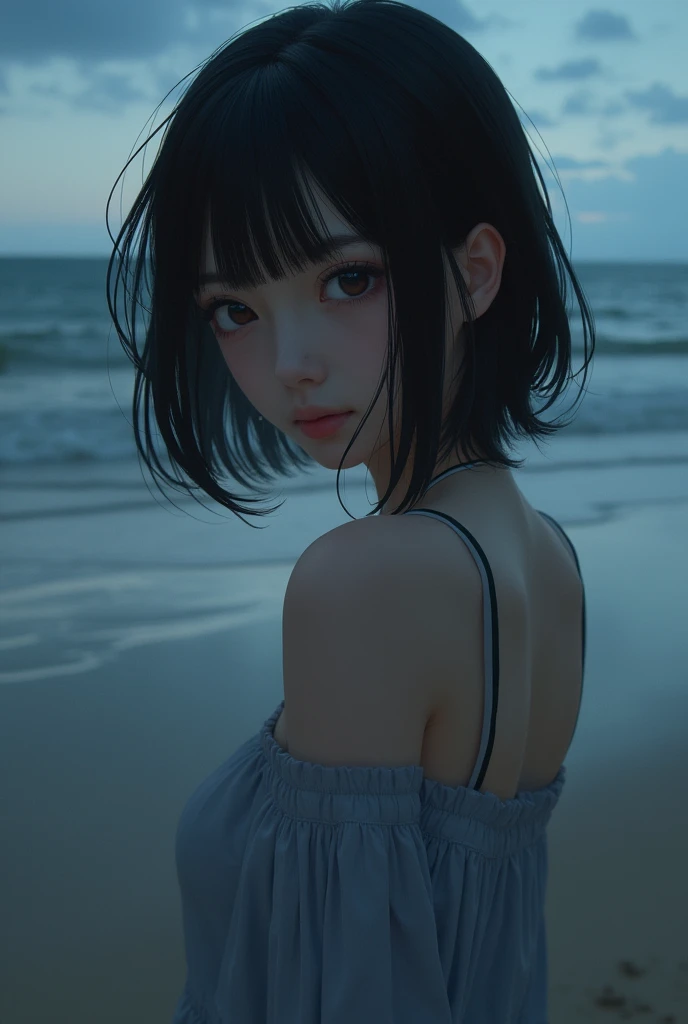 (((One girl,alone))),(Highly realistic photos, High resolution, Detailed face, Beautiful Eyes) 30 years old, Big eyes, Nice body, Medium chest, ,Hairstyle, Healthy Body,Thighs、Kanna Hashimoto、Depth of written boundary,Narrow eyes,Light Smile、Wind、It's raining a little、Body like a model、Waterfront、Dark Shadow、Dark Sky、(ビキニスタイルのBeachバレーユニフォーム:1.5),Beach