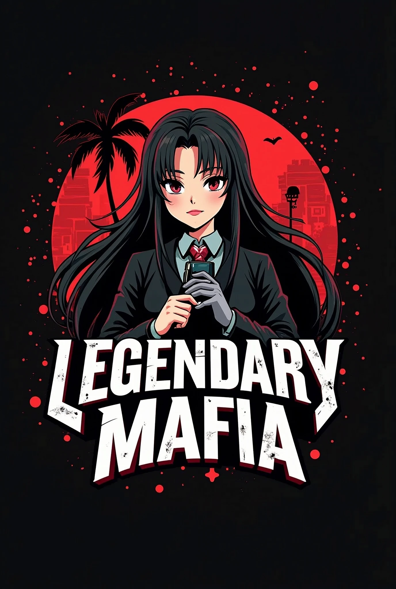 A Logo for a guild called Legendary Mafia, with an anime style character above. The text must be written in Portuguese.
