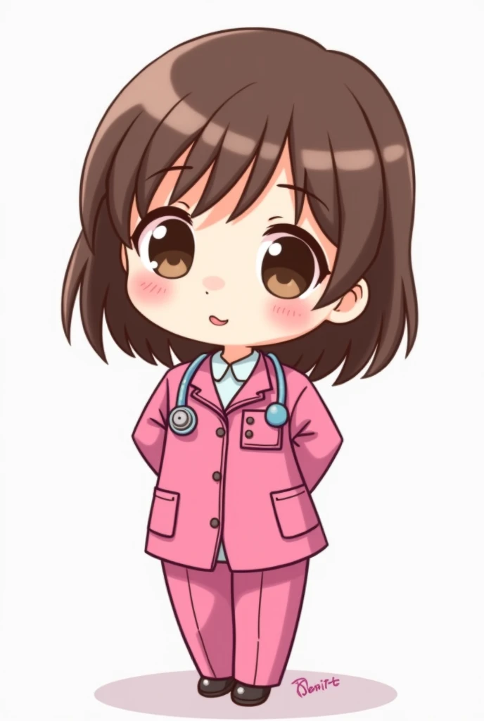 Little chibi doctor with shoulder length brown hair, big brown eyes with fuchsia uniform