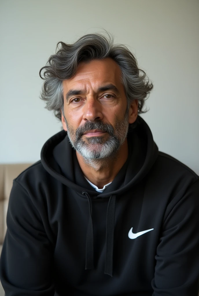 Image is a portrait-style photograph of a middle-aged man with a neutral expression. He has medium-length, curly gray hair and a full beard with a mix of gray and black hair. His skin tone is medium brown. He is wearing a black hoodie with a white Nike logo on the left side of the chest. The background is plain and light-colored, likely a wall, with a portion of a beige couch visible at the bottom of the frame. The lighting is soft and even, highlighting the details of his facial features and hair.
