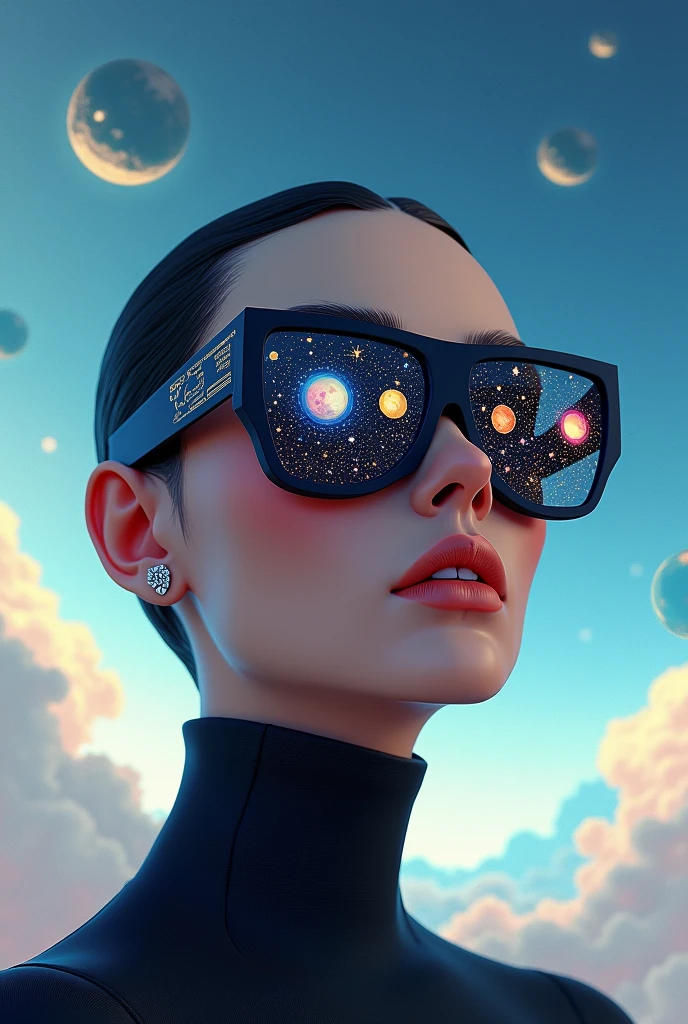 The model is wearing glass sunglasses with stars and the moon on the glass