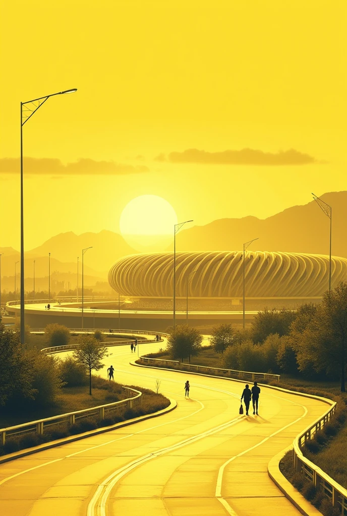 CREATE AN URBAN PROFILE IN A HORIZONTAL MANNER THAT REPRESENTS LANDSCAPE AND AESTHETICS FOR A MAIN ROAD CONSIDERING THAT THE PROJECT IS AN OLYMPIC STADIUM WITH A RECTANGULAR SHAPE THAT ON THE OUTSIDE IS A SPORTS COMPLEX THAT EXPANDS AROUND THE STADIUM, THEREFORE THE IMAGE SHOULD BE A MONOCHROME ILLUSTRATION TYPE IN YELLOW WITH PEOPLE.