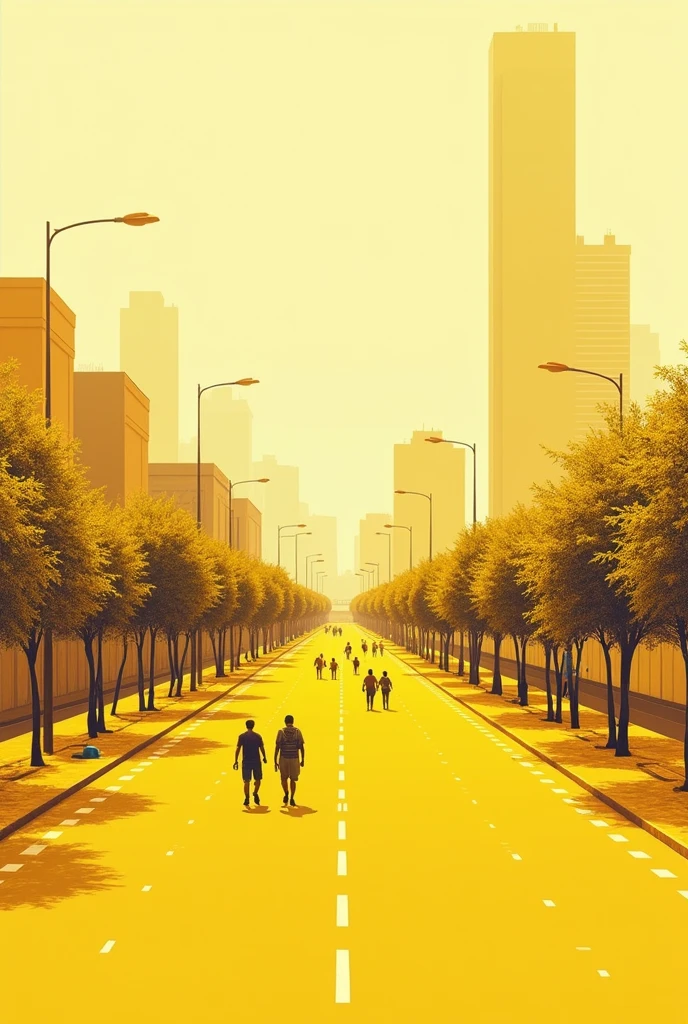 CREATE AN URBAN PROFILE IN A HORIZONTAL MANNER THAT REPRESENTS LANDSCAPE AND AESTHETICS FOR A MAIN ROAD CONSIDERING THAT THE PROJECT IS AN OLYMPIC STADIUM WITH A RECTANGULAR SHAPE THAT ON THE OUTSIDE IS A SPORTS COMPLEX THAT EXPANDS AROUND THE STADIUM, THEREFORE THE IMAGE SHOULD BE A MONOCHROME ILLUSTRATION TYPE IN YELLOW WITH PEOPLE.