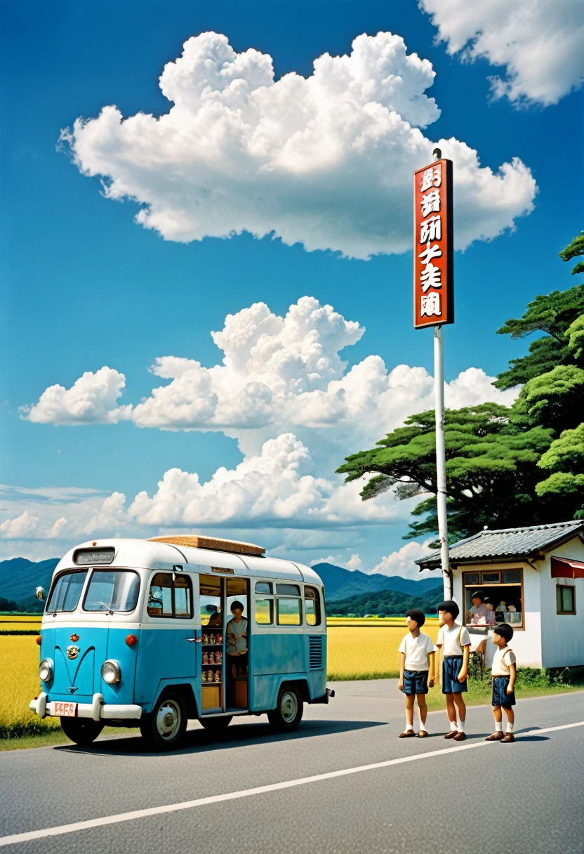 1960s Japanese countryside landscape, blue summer sky, cumulus clouds, cicada sounds, rural bus stop, nearby old-fashioned candy store, vintage signage, old three-wheeled vehicle, boys wearing baseball caps, summer vacation, boys in shorts and tank tops, professional lighting, professional camera