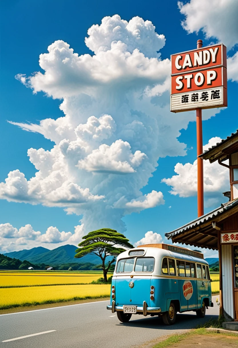 1960s Japanese countryside landscape, blue summer sky, cumulus clouds, cicada sounds, rural bus stop, nearby old-fashioned candy store, vintage signage, old three-wheeled vehicle, boys wearing baseball caps, summer vacation, boys in shorts and tank tops, professional lighting, professional camera