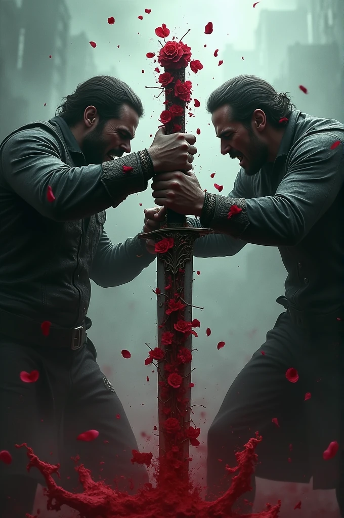 Image of two men's hands fighting for a sword covered in thorns and roses, surrounded by blood