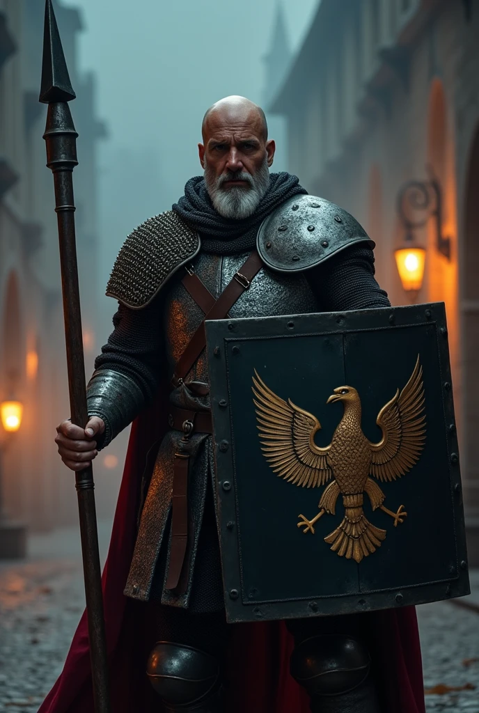 Create a bald man with a medium beard, wearing chain mail, 7 feet tall, with a large pointed flail in his right hand, a large square Roman-style shield in his left hand with an eagle in the center, the shield is black. He is standing patrolling a dark area of a torchlit city in a gloomy climate fighting 3 bandits. The bald man, being 7 feet tall, is taller than the 3, who are all 6 feet tall. The bandits are armed with daggers and wearing chain mail. One is white and blond, another is black with dark hair, another is red and white. The bald man prepares to fight.