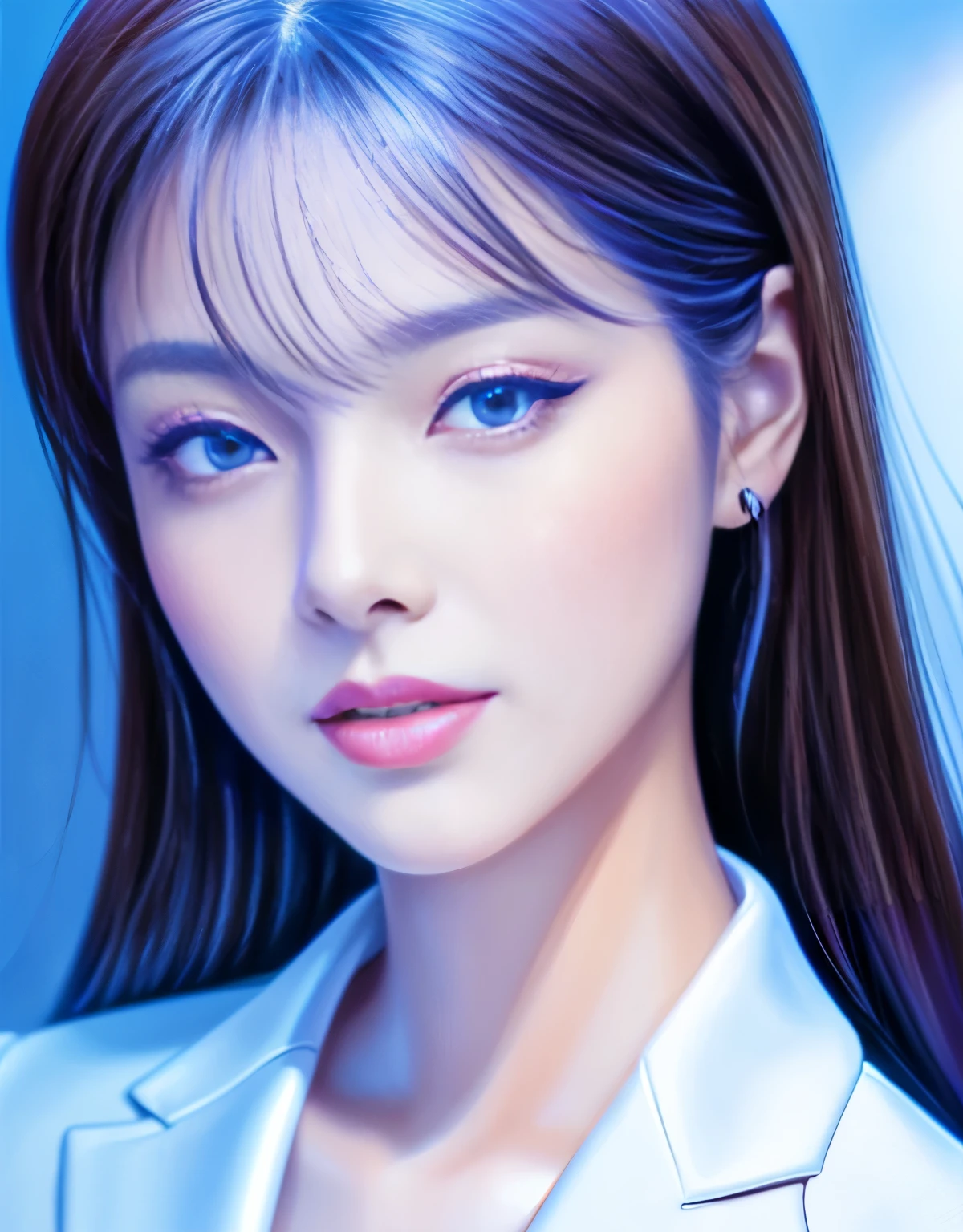 Close up portrait of woman in blue suit and white shirt, Elegant digital art, High-quality portraits, Shiny digital painting, Digital Art Images, Beautiful digital art, Elegant digital painting, Portrait of a female idol in Japan, Beautiful digital painting, Realistic cute girl drawing, high quality digital painting, TWICE's Tzuyu, Professional Profile Photo, Japanese Girls
