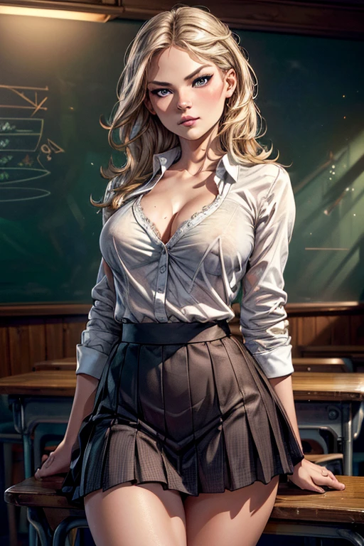 (Jennifer Morrison), young girl face, a beautiful school girl, 1girl, blushing, raising her skirt, cute white panty visible, buttocks, detailed face, big detailed eyes, detailed eyes, detailed lips, long eyelashes, intricate uniform, firm chest, e cup, slim body, pleated skirt, thighs, (best quality,4k,8k,highres,masterpiece:1.2),ultra-detailed,(realistic,photorealistic,photo-realistic:1.37),HDR,UHD,studio lighting,ultra-fine painting,sharp focus,physically-based rendering,extreme detail description,professional,vivid colors,bokeh,photorealistic,elegant,cute,charming; classroom, benches, chalkboard writing,