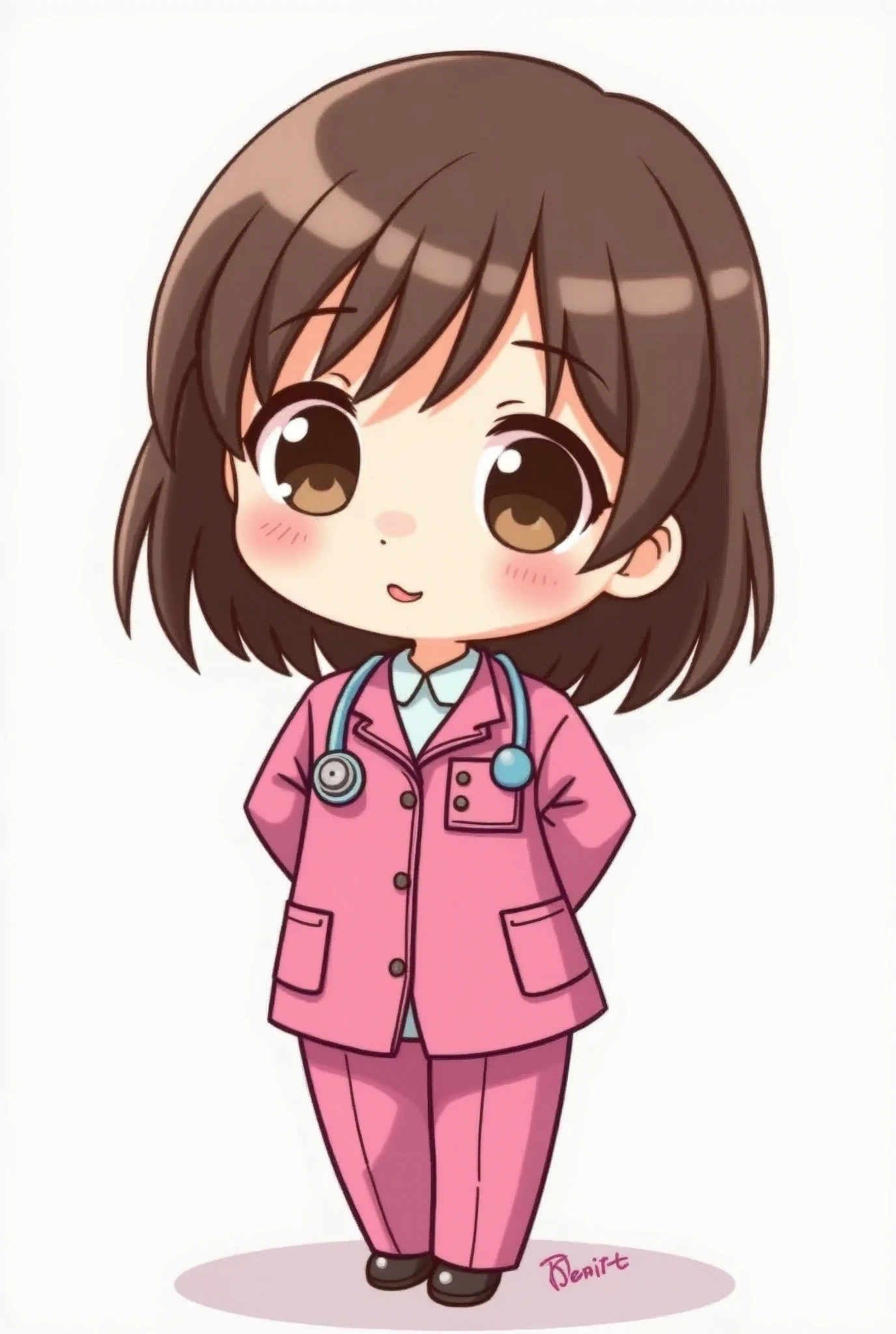 Little chibi doctor with shoulder length brown hair, big brown eyes with fuchsia uniform