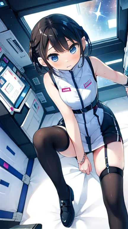 (Highest quality), (masterpiece), 1080P, High resolution, 4K, 8k, Inside the space station、Futuristic room、Thigh straps, Shooting from directly below, The woman on top of me, 白いSweat, Covered , Sweat, Woman looking down, Skirt swimsuit, Thigh-high socks, To achieve this, 16 years old, , whole body, Black leather shoes, Braided hair, Inner Color, Embarrassed face, Short black hair, bracelet, Bedroom,celestial body_Vest