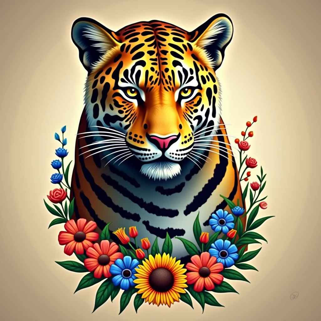 Create a fantastic Amazonian jaguar,inside a frame made of flowers,tail of jaguar,tail in the background. A mix of jaguar and tiger,leopard spots on the face, flowers in the head, sunflower, lilies, daisy, roses, color full, rainbow colours,spectacular, vibrant, no signature, no watermark,t-shirt art