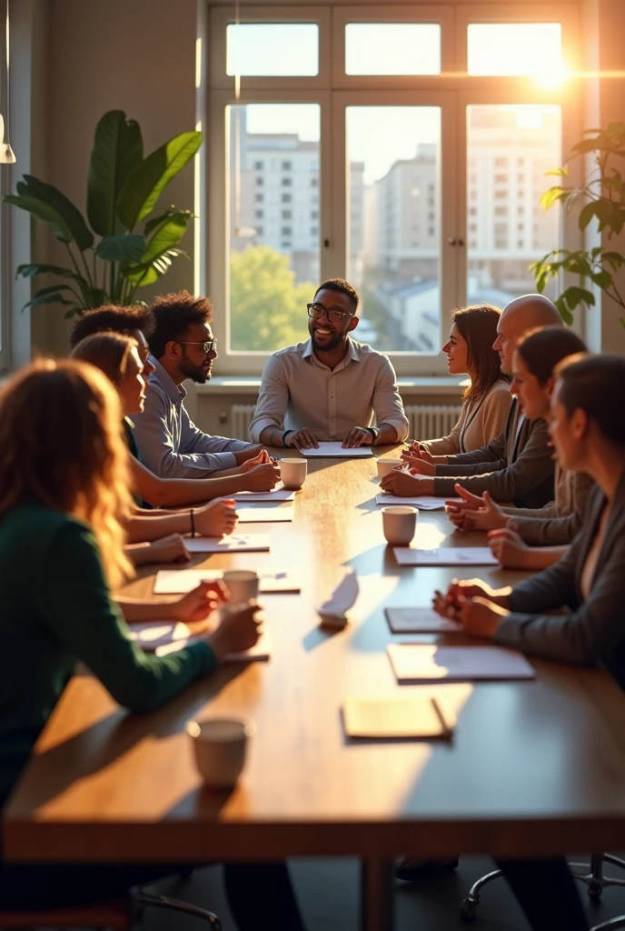 Image of a group of people from different social sectors gathered around a table, discussing and finding joint solutions.