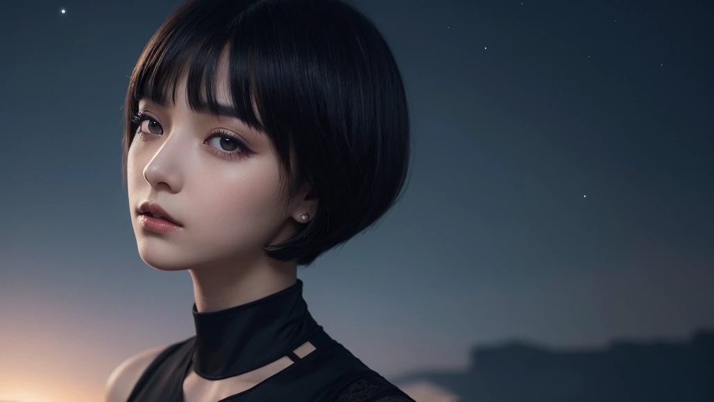 Delicate and dainty young woman with shiny bob-cut black hair . She is wearing black dress. The background is a fantastic and ethereal night sky that seems to be haunted by a specter. Her expression is stern and atmospheric. Angle from directly below.