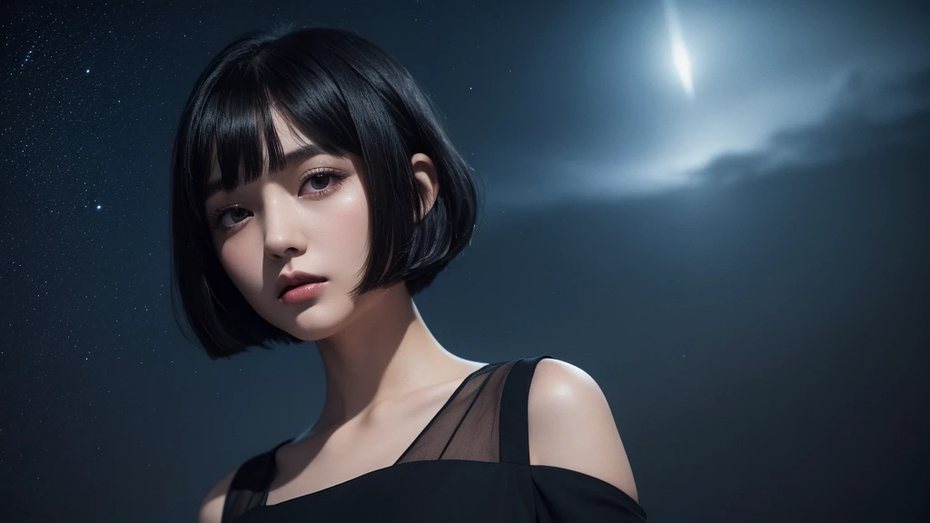 Delicate and dainty young woman with shiny bob-cut black hair . She is wearing black dress. The background is a fantastic and ethereal night sky that seems to be haunted by a specter. Her expression is stern and atmospheric. Angle from directly below.
