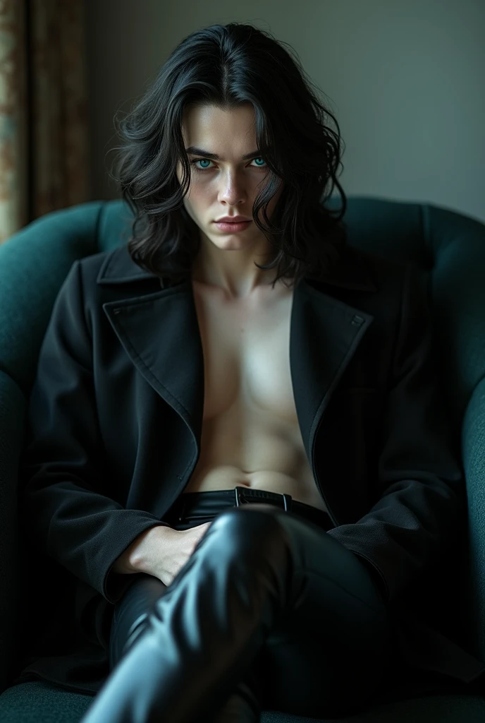 A sexy male with delicate facial features, black long hair, and teal blue eyes. His skin is so white and pale. He is wearing a long black trench coat and black shiny leather jeans. He is sitting on a sofa with his legs crossed sensually. He is biting his finger seductively. No facial hair.