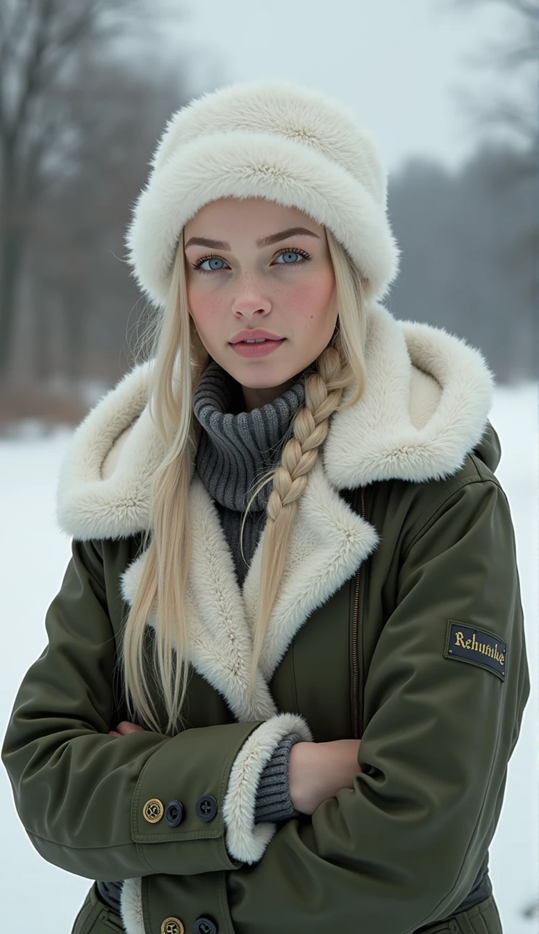 masterpiece, Best Quality, super rendering, High Detail Face, cowboy shot, 1girl, Solo, 10's Beautiful German girl, Platinum blonde hair, Single braided, Blue eyes, wearing a white Russian fluffy fur tall hat and army green winter clothes with white fur collar, looking toward the viewer with arms crossed, shallow depth of field, sharp focus, flat lighting, photo realistic, gentle smile facial expression