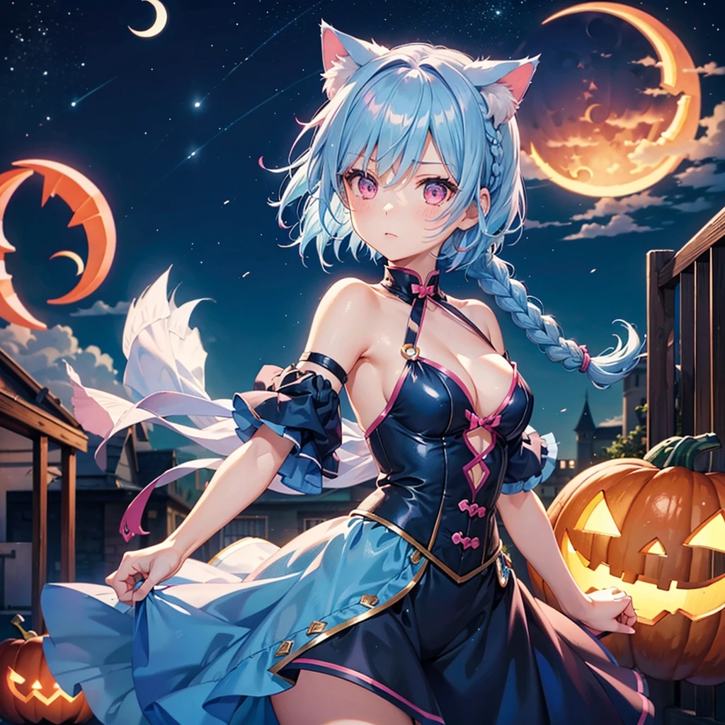 (Sky blue hair),(Braided short hair), (Pink Eyes),Fair skin) ,(whole body),(One Girl),(Crescent Moon),(There are lots of pumpkin ghosts in the background),Cat ear,Cat's Tail,(Sailor suit),(Ahegao),(Fall into Darkness),If you don't give me sweets, I'll play a prank on you.),Halloween Night Party),(masterpiece, Highest quality, Very detailed, Best Shadow), (Detailed Background), (Beautifully detailed face), High Contrast, (Best lighting, Very delicate and beautiful), ((Cinematic Light)), Hyper Detail,8k, Dramatic Light, Intricate details,night,(Bats flying in the background),Pumpkin handbag,There are sweets in the bag,