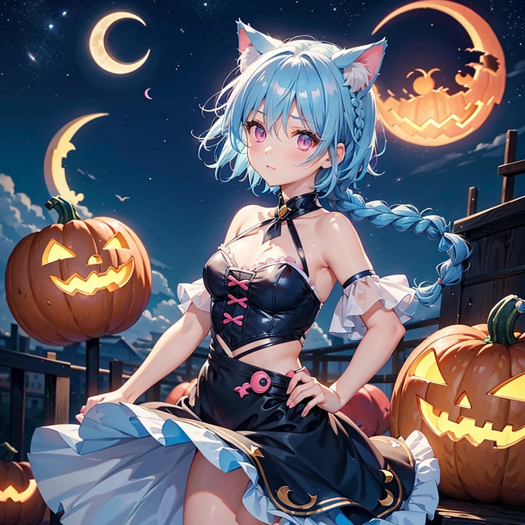 (Sky blue hair),(Braided short hair), (Pink Eyes),Fair skin) ,(whole body),(One Girl),(Crescent Moon),(There are lots of pumpkin ghosts in the background),Cat ear,Cat&#39;s Tail,(Sailor suit),(Ahegao),(Fall into Darkness),If you don't give me sweets, I'll play a prank on you.),Halloween Night Party),(masterpiece, Highest quality, Very detailed, Best Shadow), (Detailed Background), (Beautifully detailed face), High Contrast, (Best lighting, Very delicate and beautiful), ((Cinematic Light)), Hyper Detail,8k, Dramatic Light, Intricate details,night,(Bats flying in the background),Pumpkin handbag,There are sweets in the bag,