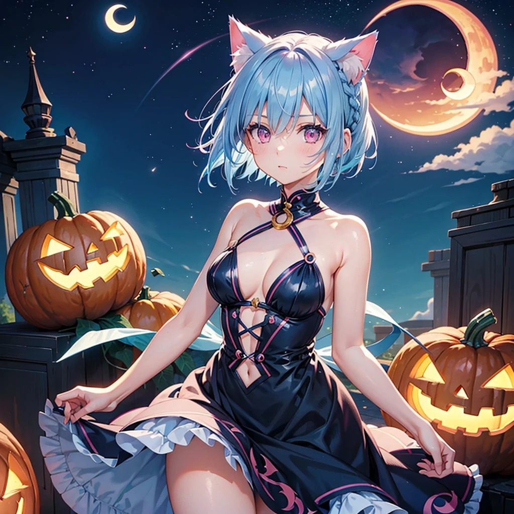 (Sky blue hair),(Braided short hair), (Pink Eyes),Fair skin) ,(whole body),(One Girl),(Crescent Moon),(There are lots of pumpkin ghosts in the background),Cat ear,Cat&#39;s Tail,(Sailor suit),(Ahegao),(Fall into Darkness),If you don't give me sweets, I'll play a prank on you.),Halloween Night Party),(masterpiece, Highest quality, Very detailed, Best Shadow), (Detailed Background), (Beautifully detailed face), High Contrast, (Best lighting, Very delicate and beautiful), ((Cinematic Light)), Hyper Detail,8k, Dramatic Light, Intricate details,night,(Bats flying in the background),Pumpkin handbag,There are sweets in the bag,