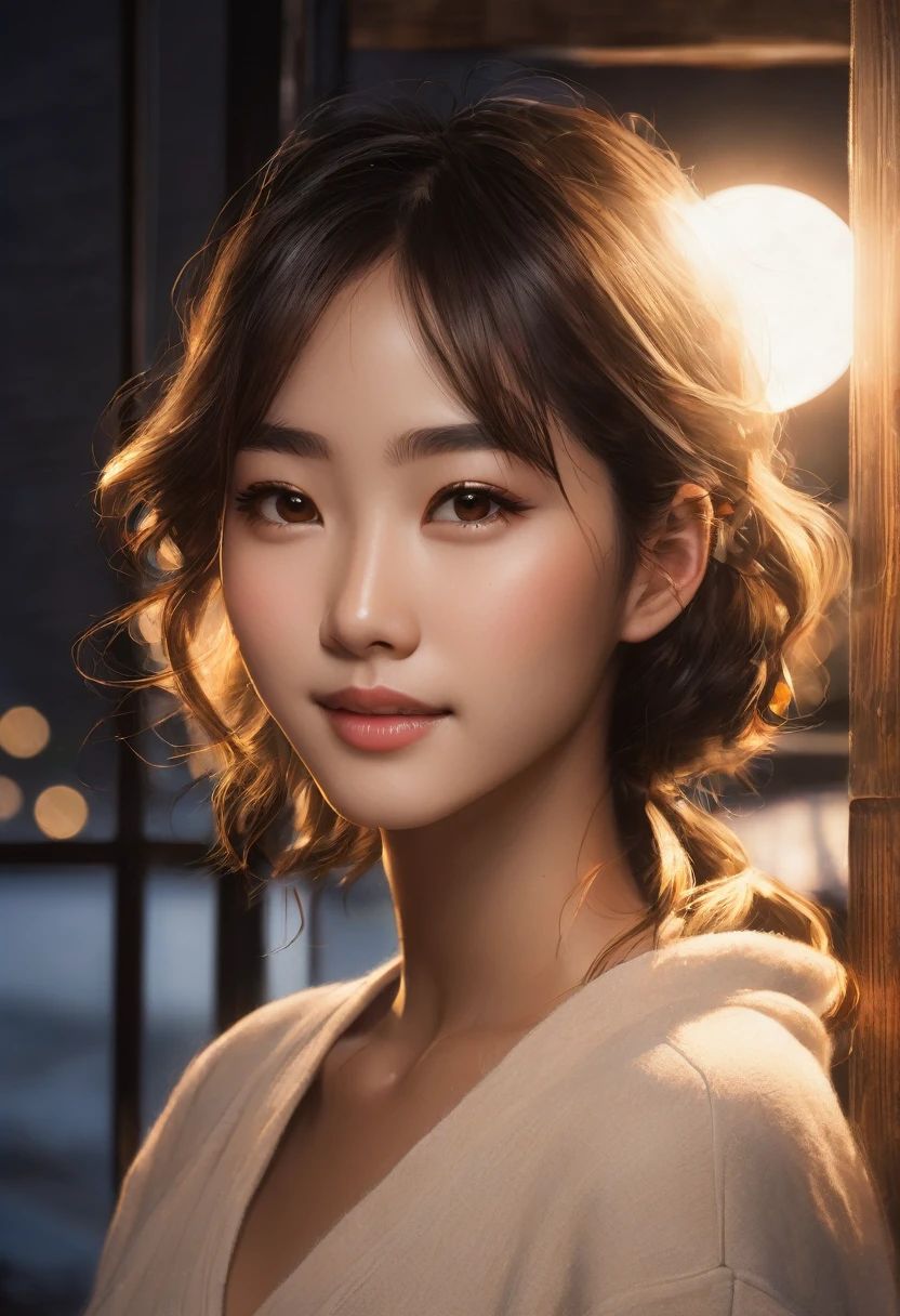 A Japanese Girl of mixed white and black ethnicity, A warm and soft moon night image, room with soft, golden lighting, featuring a portrait-style setting, where which shows through in her honey brown skin tone, in her mid-20's, with a slim, athletic body build, heart-shaped face, adorned with dark brown peppered with blonde highlights, shoulder-length hair and subtle, warm undertones to her smooth, almond-colored skin, her eyebrows gently furrowed, and her full lips curled up into a gentle, reassuring smile, conveying a sense of calm and trustworthiness.