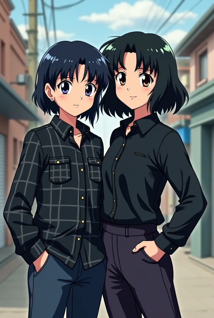 A girl with short black mullet hair,black flannel and black pants posing next to Sailor Mercury exactly like in the series