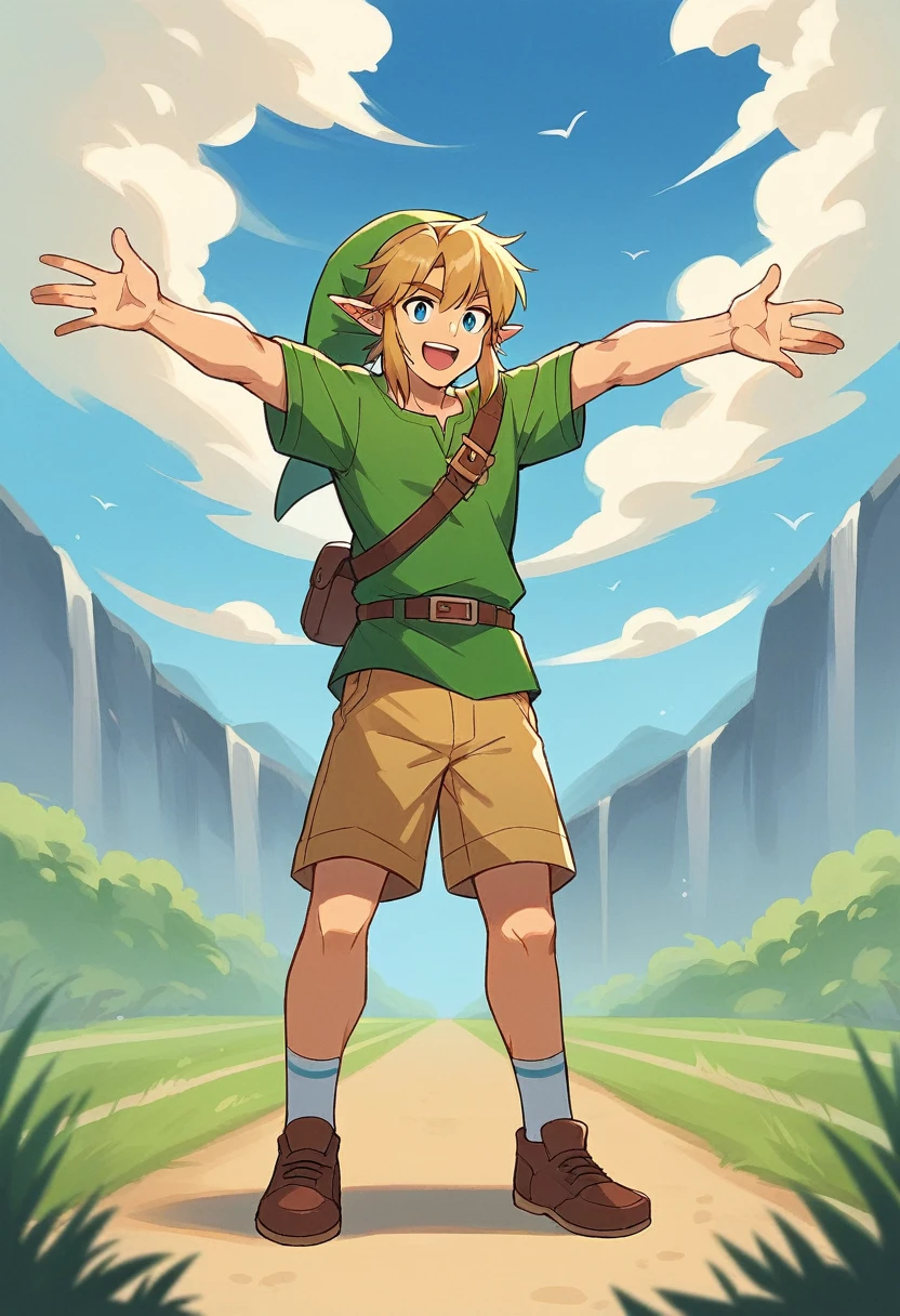 (masterpiece, best quality:1.2), 1boy, solo, blonde_hair, shorts, male_focus, full_body, shirt, hat, blue_background, striped, brown_shorts, black_eyes, green_shirt, simple_background, open_mouth, sky, striped_shirt, standing, shoes, link, long_sleeves, sportswear, smile, blue_sky, pointy_ears, outstretched_arms, toon_link, day, :d, ness, solid_oval_eyes, ponytail, outdoors, bangs, green_headwear. With big penis