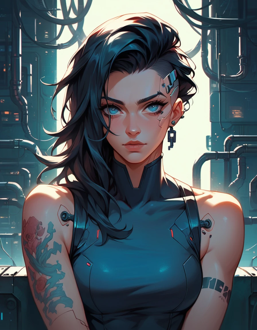 Digital illustration featuring a strong, confident woman with a futuristic and cyberpunk aesthetic. She has a fair skin tone, sharp facial features, and piercing blue eyes. Her long, dark hair is slicked back, and she has intricate tattoos covering her muscular arms. She is wearing a tight, black, sleeveless top and shiny, black gloves that extend past her elbows. The background is a dimly lit industrial setting with teal lighting, large windows, and visible pipes and cables, adding to the cyberpunk atmosphere.anatomically correct, super detailed, high quality, 4K