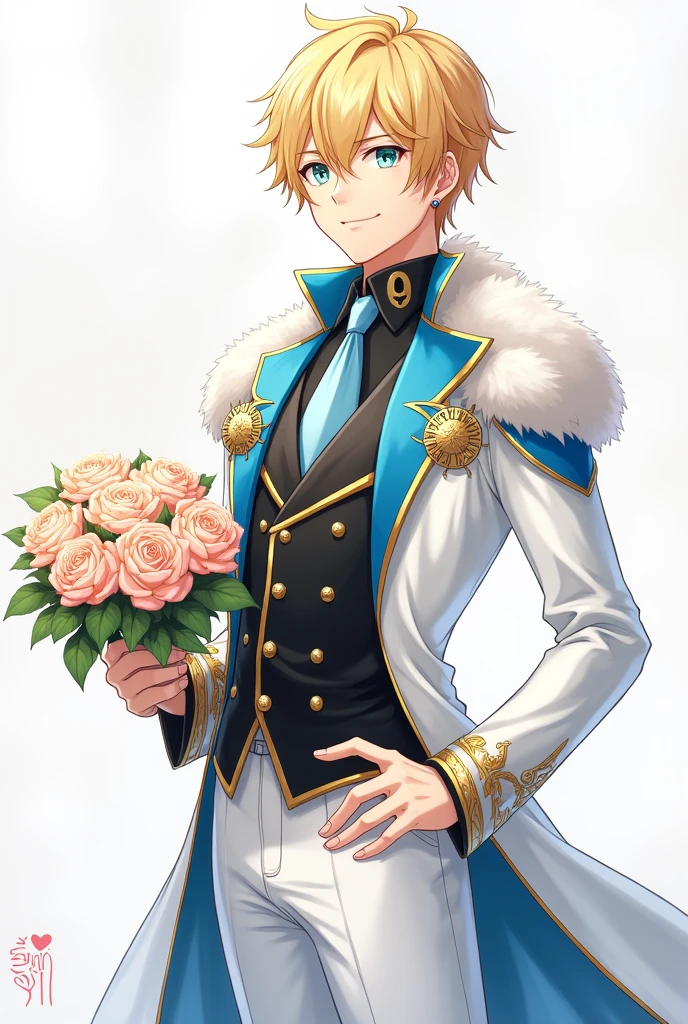 17 year old boy with golden hair, light sea green eyes white skin , Lean, with earrings in the ears, formal wear, white cover inside the cover fabric similar to blue silk, gold accents prendendo uma parte da ponta de cima da capa na outra,part of fur on the top and bottom of the coat,calça branca com gold accents na cintura , top of black clothes, gold accents, gravata azul clara com gold accents, sleeves of white clothes, pose with hand on waist showing part of white sleeve while holding a bouquet of roses in the other, confident personality,affectionate,expert, caring.while smiling, varios gold accents na roupa, and a sun crest on the chest . アニメ